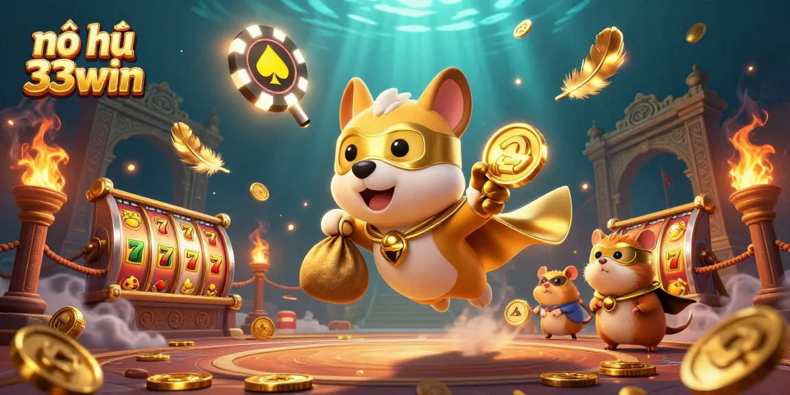 Nổ hũ 33win features a superhero dog with gold coins and vibrant slot elements, capturing thrilling gaming action.