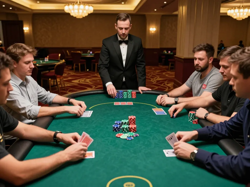 Engaged players at a table enjoying an exciting poker game at Nhà cái OK365, showcasing competitive spirit and strategy.
