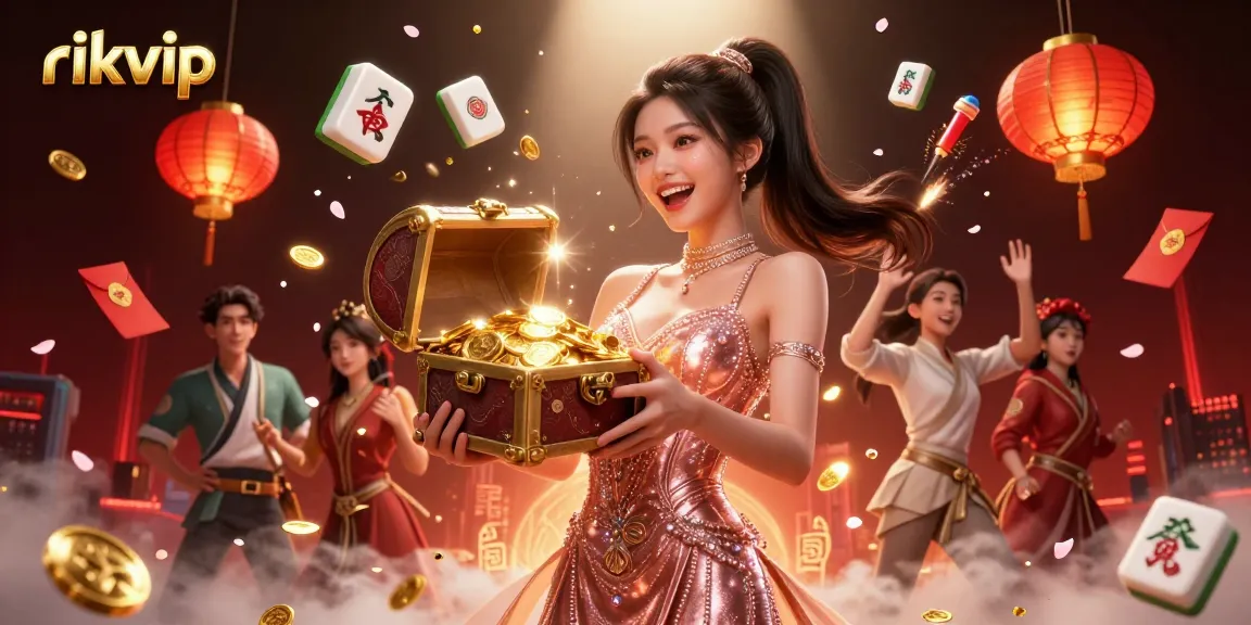 Experience captivating gaming at rikvip with a joyful treasure chest overflowing with riches and vibrant casino elements.
