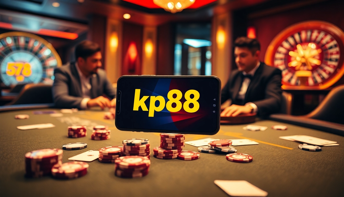 Engaging players enjoying the kp88 app at a vibrant casino table with poker chips and cards.