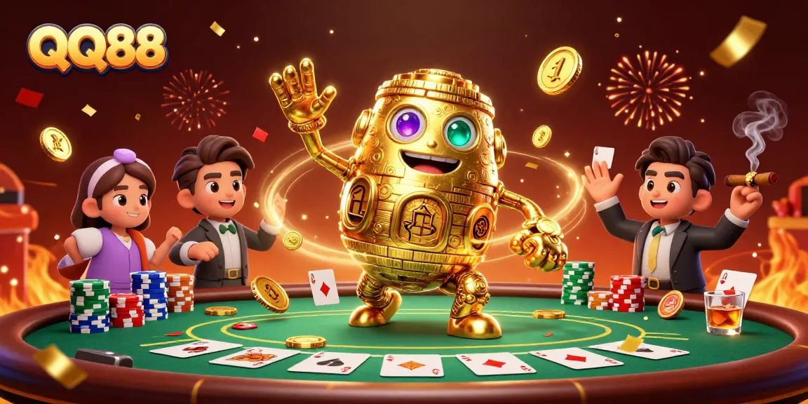 Experience thrilling gameplay at QQ88 with a vibrant 3D casino scene featuring golden golem and poker elements.