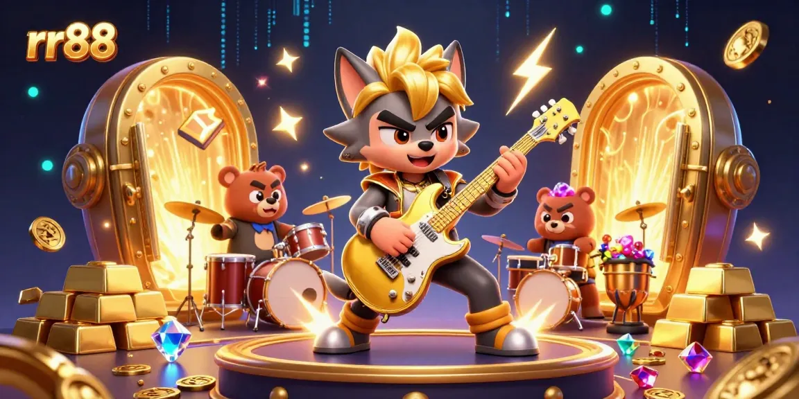 Experience thrill with rr88's vibrant casino scene featuring rock star characters and treasure elements.