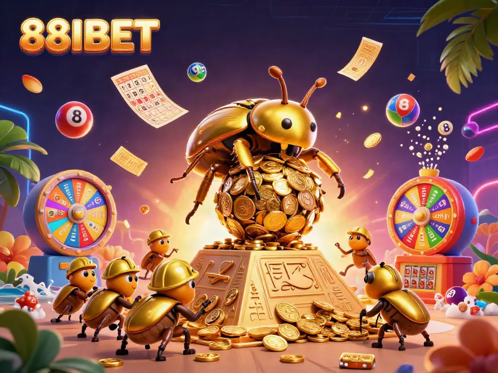 88IBET showcases a vibrant 3D illustration of a golden dung beetle and casino elements, capturing the thrill of online gaming.