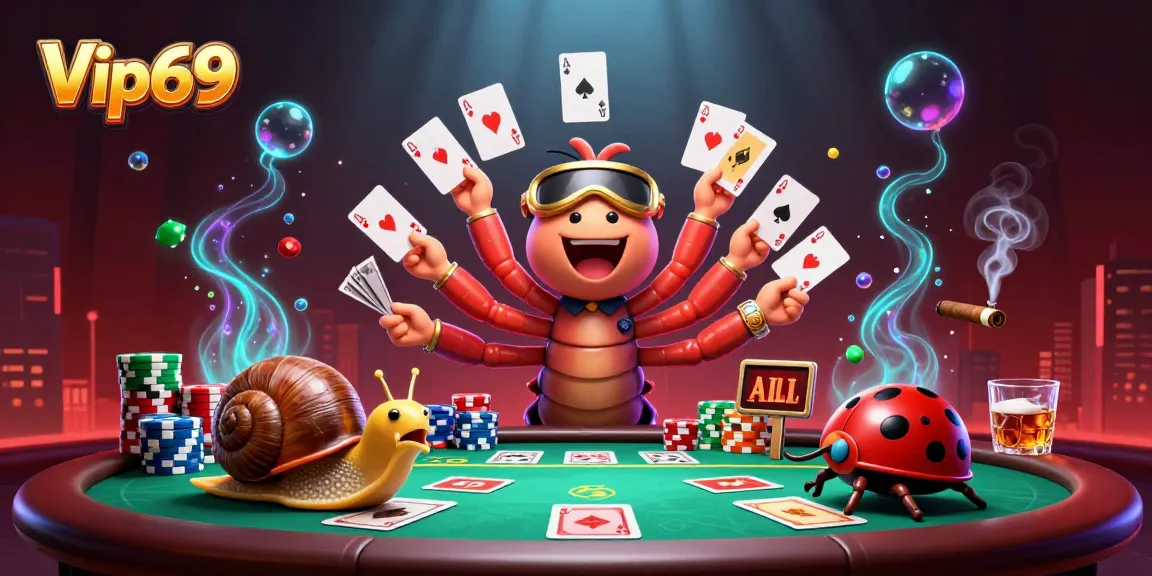 Experience the thrill of Vip69 with a vibrant casino scene featuring a millipede dealer and exciting poker action.