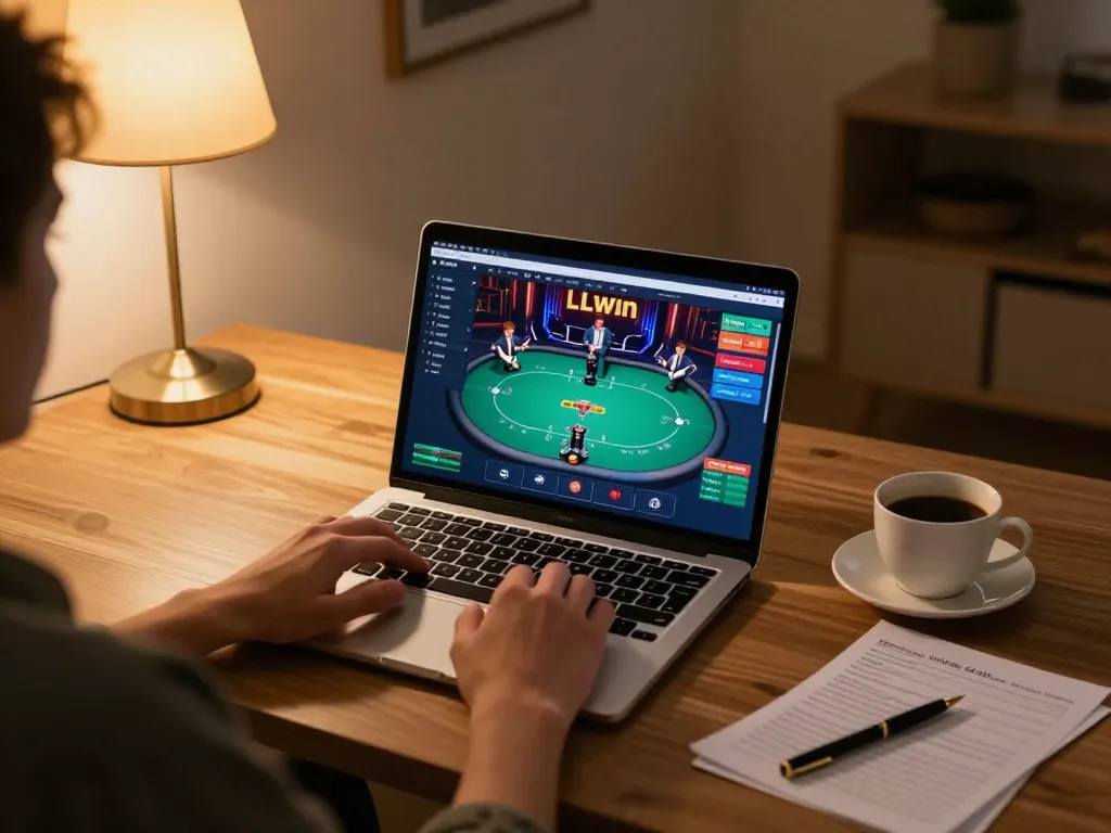 Engaging poker gameplay on LLwin platform in a cozy home setting, emphasizing responsible gambling.