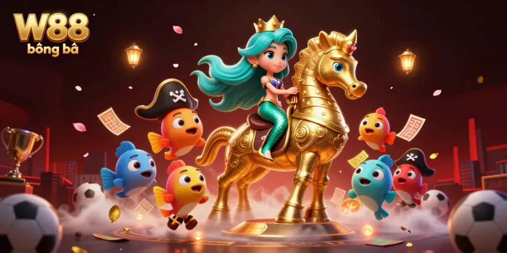 Join the excitement of W88 bóng đá with a whimsical 3D illustration of betting elements and characters.