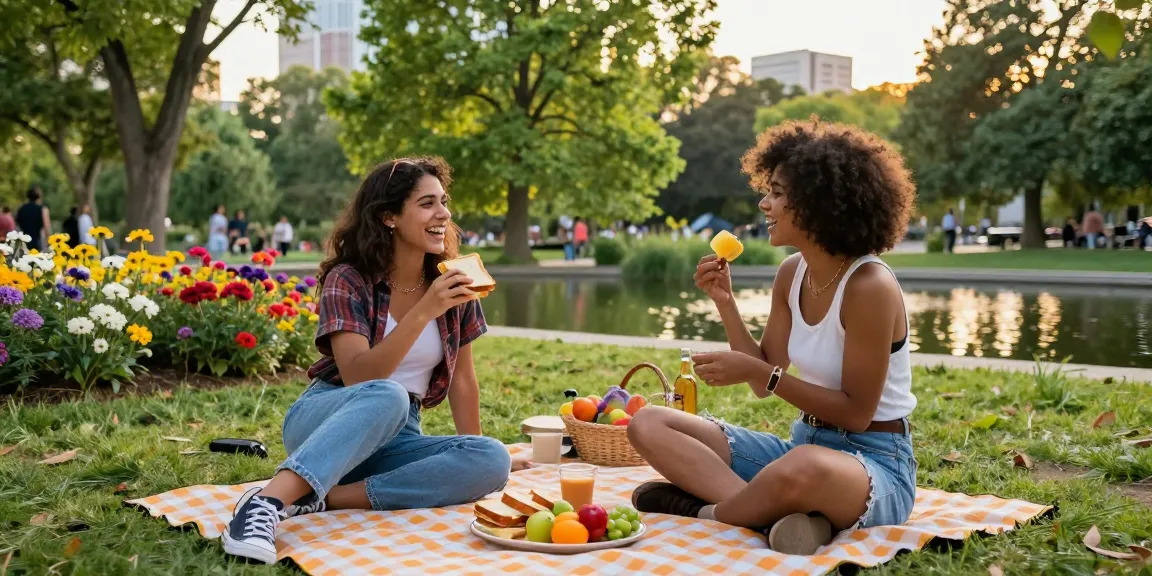 Two friends sharing a picnic in a park, embodying the concept of crush on friendship and moments.