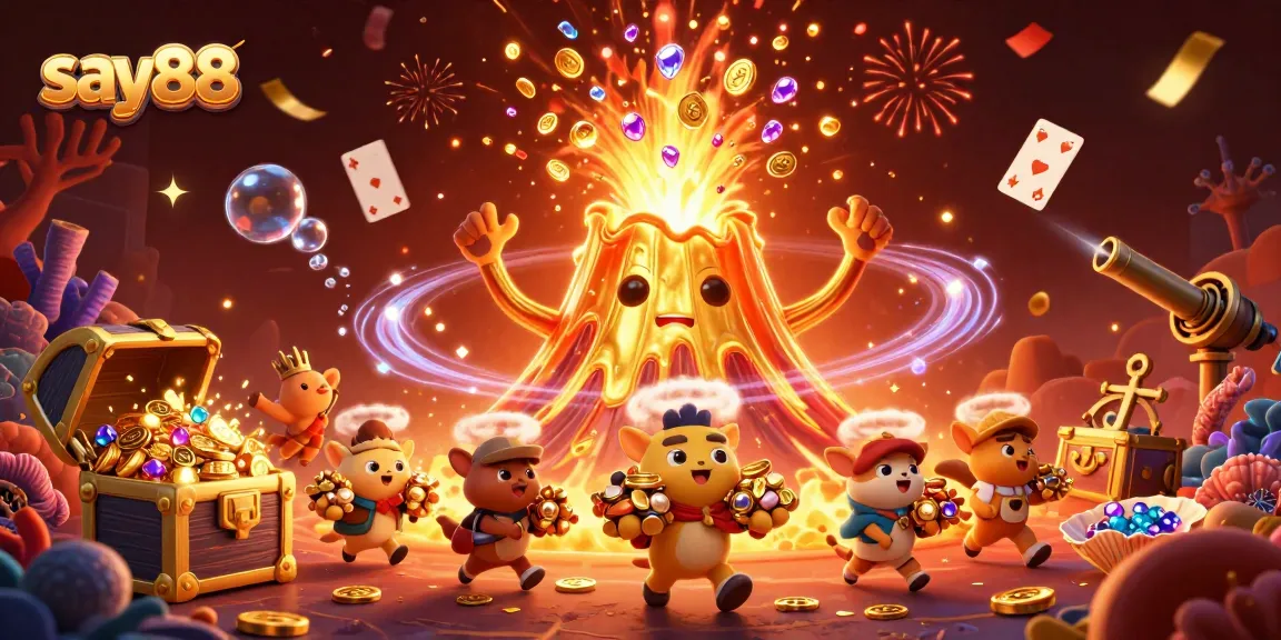Experience thrilling wins at say88 with a lively illustration of a golden volcano erupting coins.