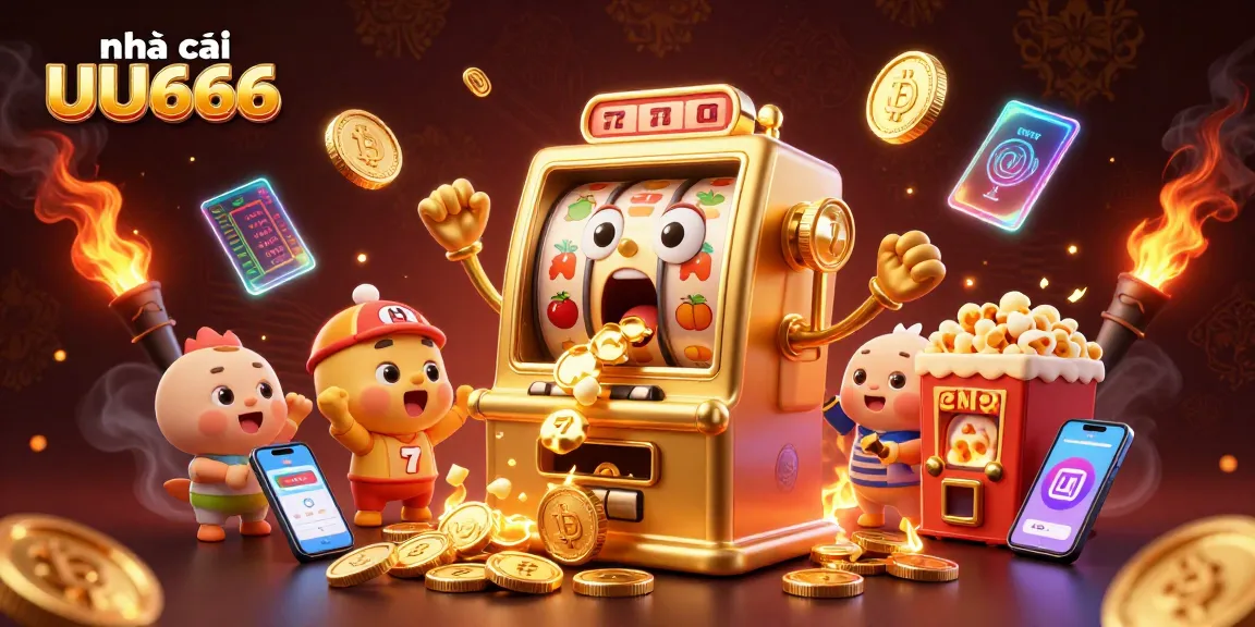 Engage with nhà cái UU666's thrilling golden slot machine jackpot experience in this lively illustration.