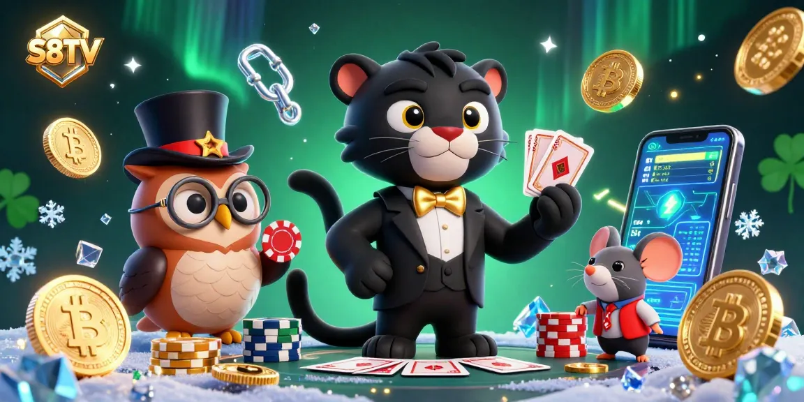 S8TV features a stylish black panther dealing cards with an owl and mouse in a vibrant gambling scene.