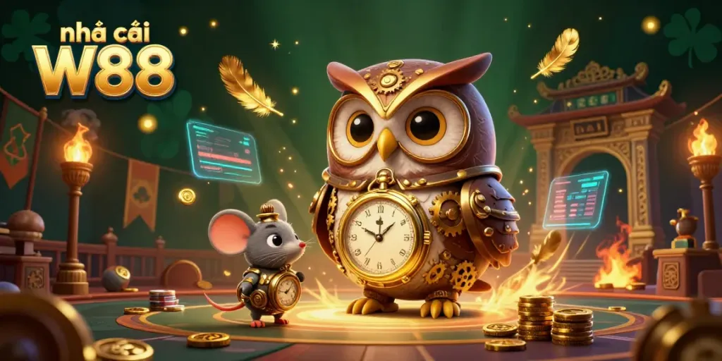 Experience exciting gameplay at nhà cái W88 with cartoon characters and vibrant casino elements.