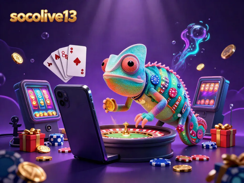 Experience exhilarating action at socolive13 with colorful slot games, golden coins, and a chameleon casino owner.