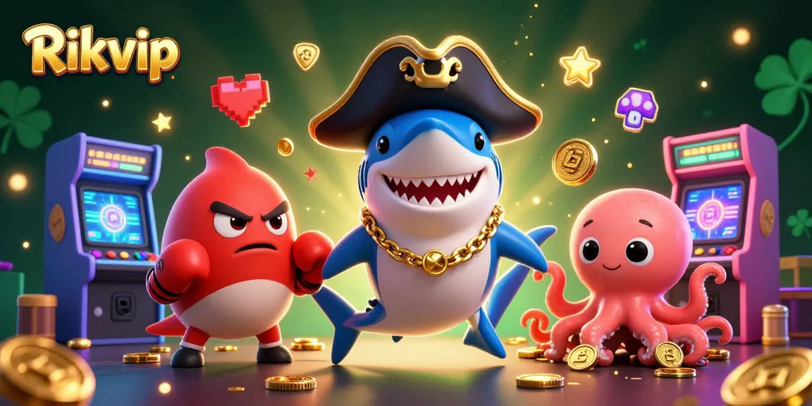 Engage in thrilling gameplay at Rikvip with vibrant 3D casino elements featuring unique characters.