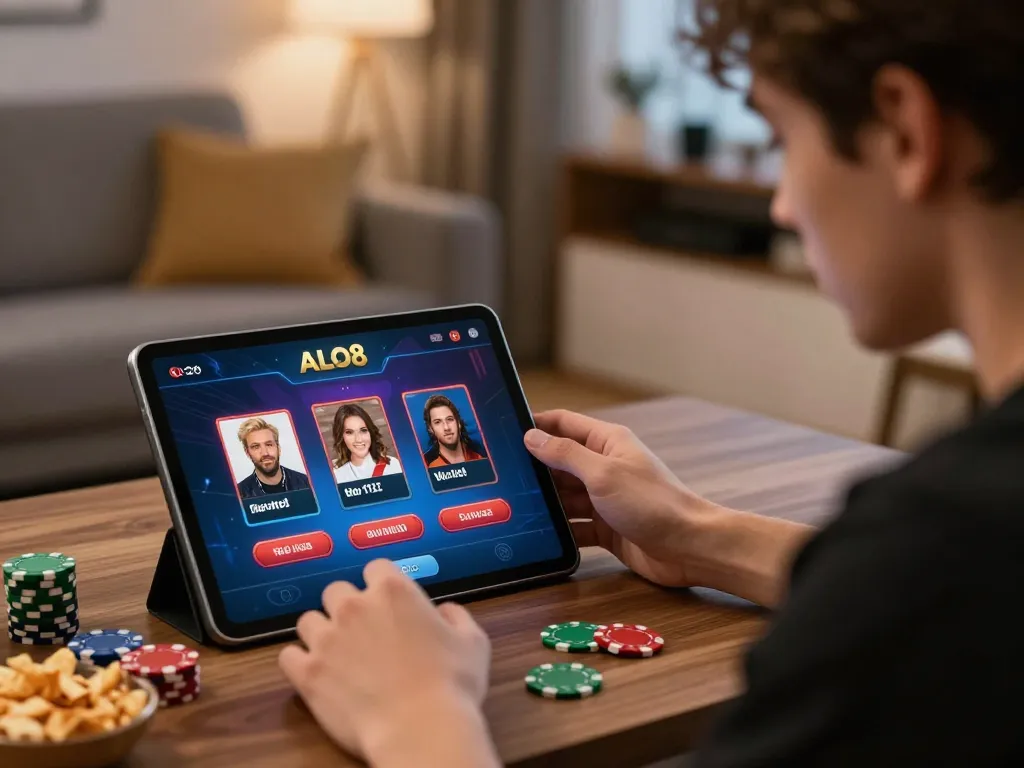 Player enjoying a mobile casino game on the ALO8 app, showcasing engaging online gambling experience in a cozy setting.