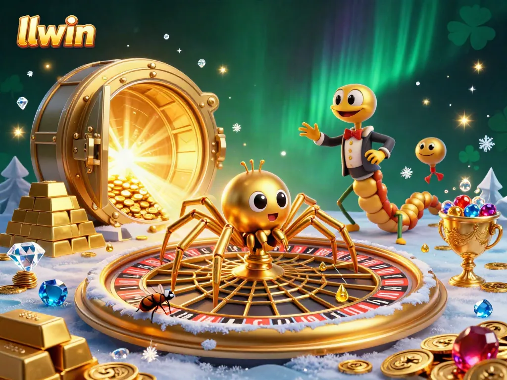 Engage in thrilling bets with llwin at a vibrant online casino scene featuring a golden spider and web.