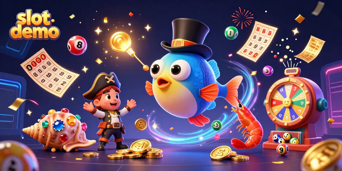 Slot demo permainan dengan ikan pemancing ber topi, udang bajak laut, dan siput harta karun.