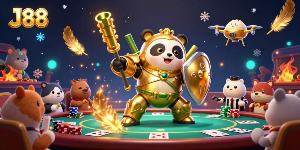Engage with J88 in an exciting casino arena featuring vibrant game elements and animated characters.