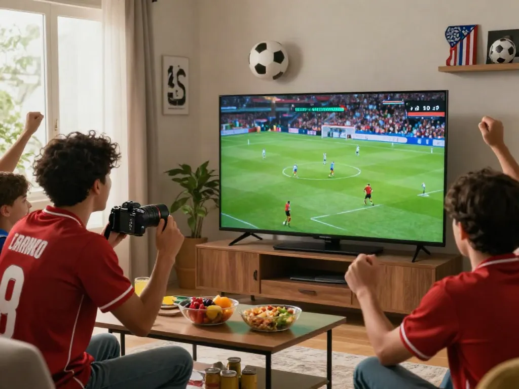 Football fan enjoying live sports streaming on xoilactvlive.net in a lively atmosphere.