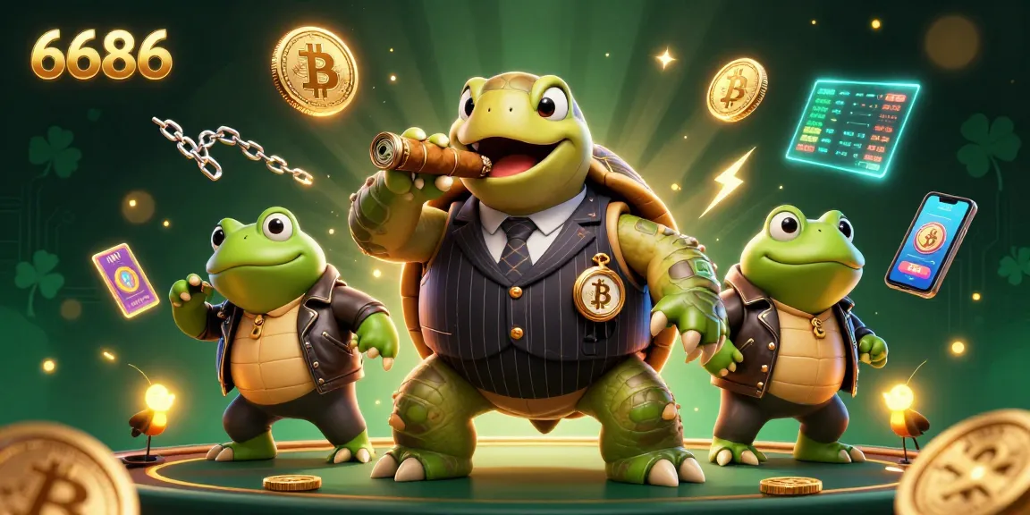 Engage with 6686's vibrant casino world featuring a cartoon turtle in a mobster suit amid glowing crypto coins.
