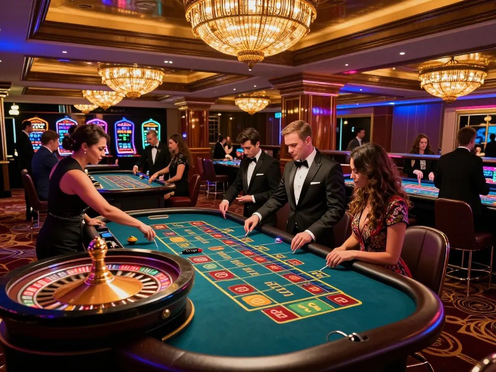 Engaged players at the fun88 roulette table enjoying the vibrant casino atmosphere.