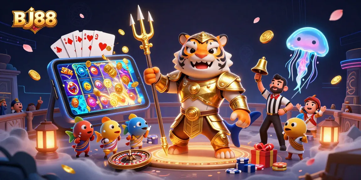 Experience thrilling betting adventures with BJ88's vibrant 3D scene featuring a shark warrior and casino elements.