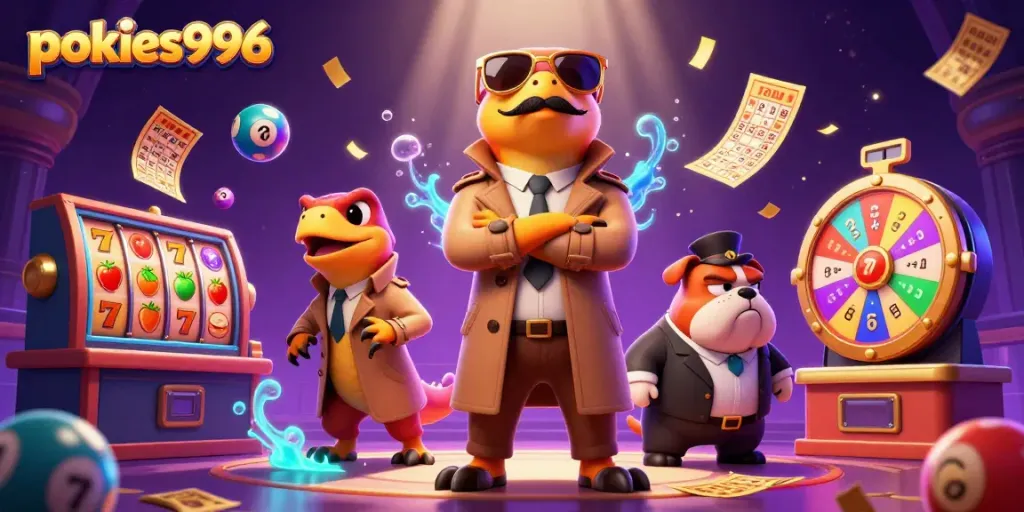 Experience the thrill of pokies996 with animated raptors and vibrant elements in a lively casino scene.