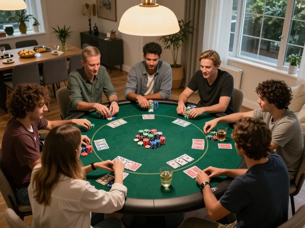Friends enjoying a lively poker night with open88 at center stage, showcasing vibrant chips and intense gameplay.