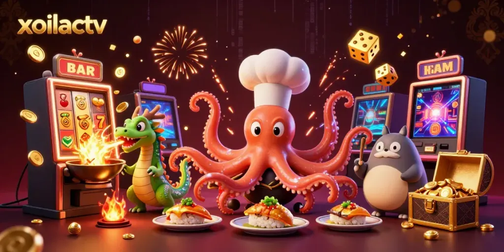 Experience exciting winnings with xoilactv: illustrated scene of a sushi chef octopus and dragon among casino games.