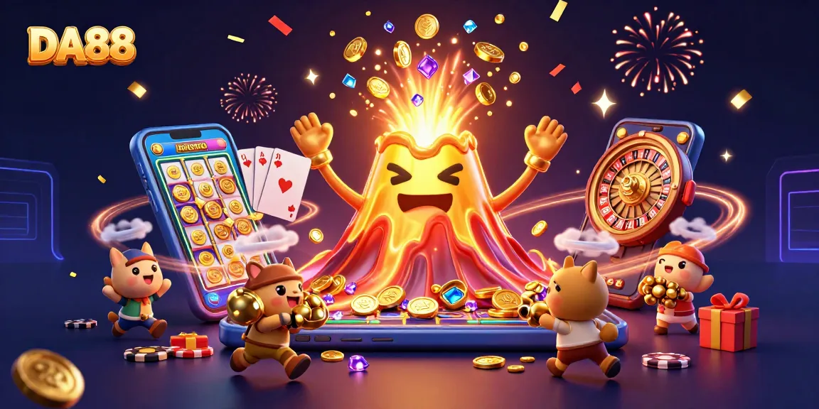 DA88 ignites excitement with a golden volcano overflowing treasure in this vibrant casino scene.