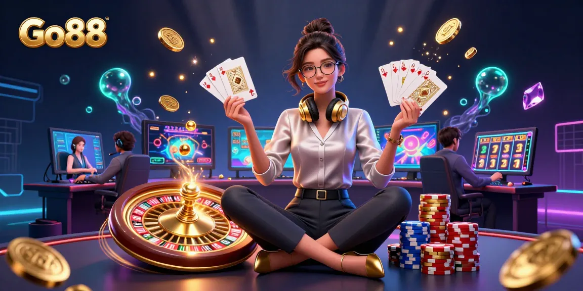 Engaging Go88 illustration showcasing a professional Asian woman gaming at a high-tech casino setup