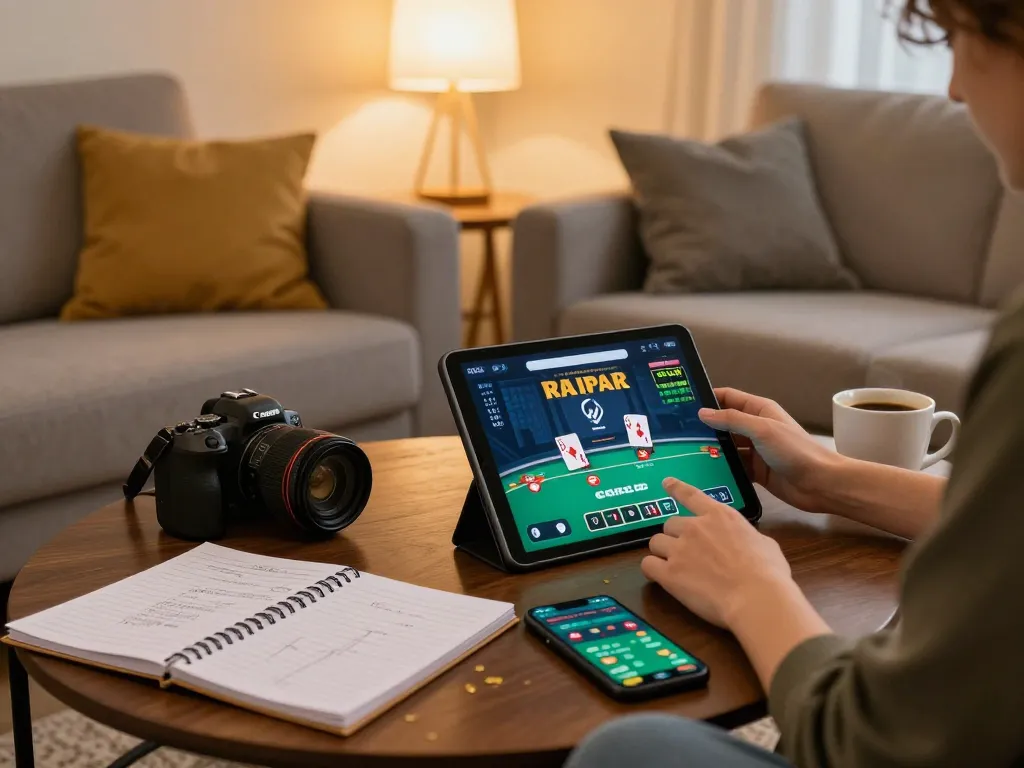 Engaging player on tg88 com using tablet for online poker in a cozy home environment.