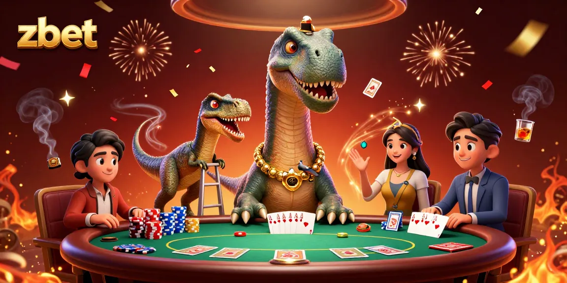 Zbet showcases a cartoon dinosaur at a lively poker scene, vibrant and engaging.