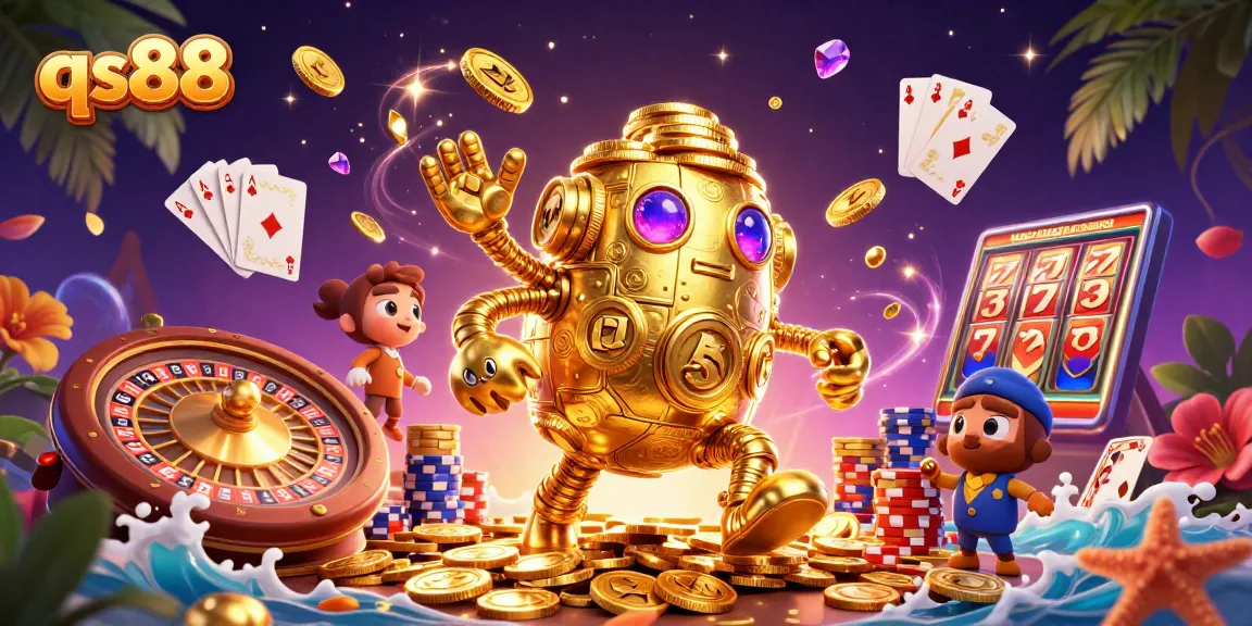 Experience exhilarating wins with qs88's vibrant 3D casino scene featuring golden golems and slot machines.