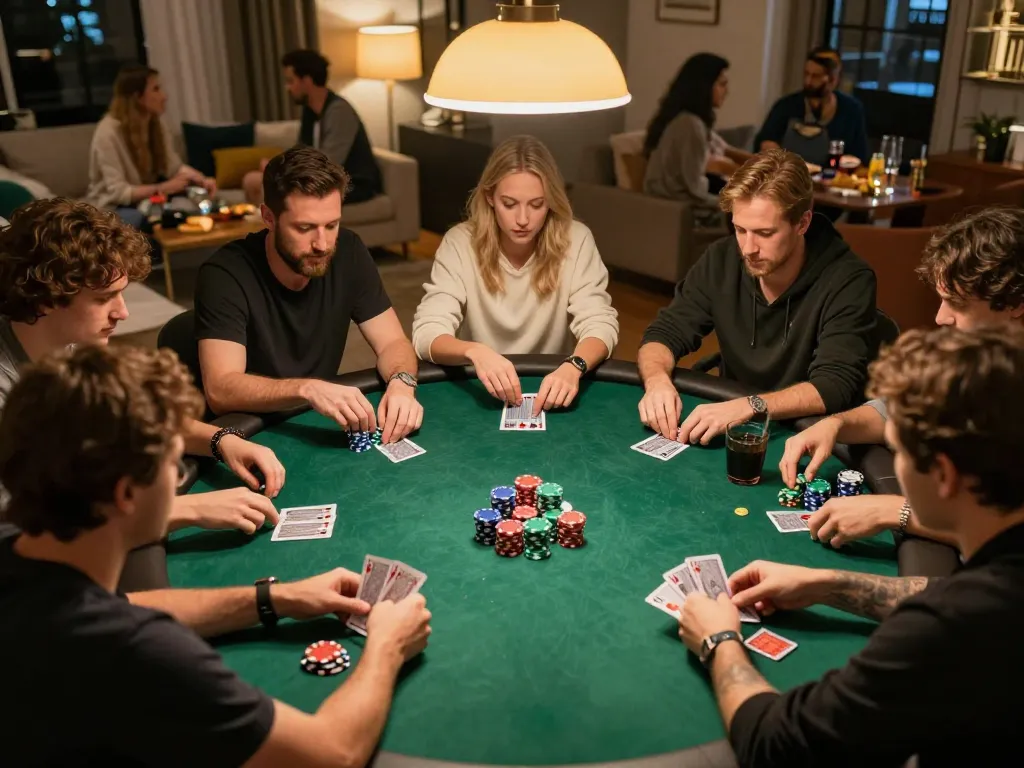 Players enjoy a thrilling poker game at home, showcasing the excitement of uu88 com gaming.