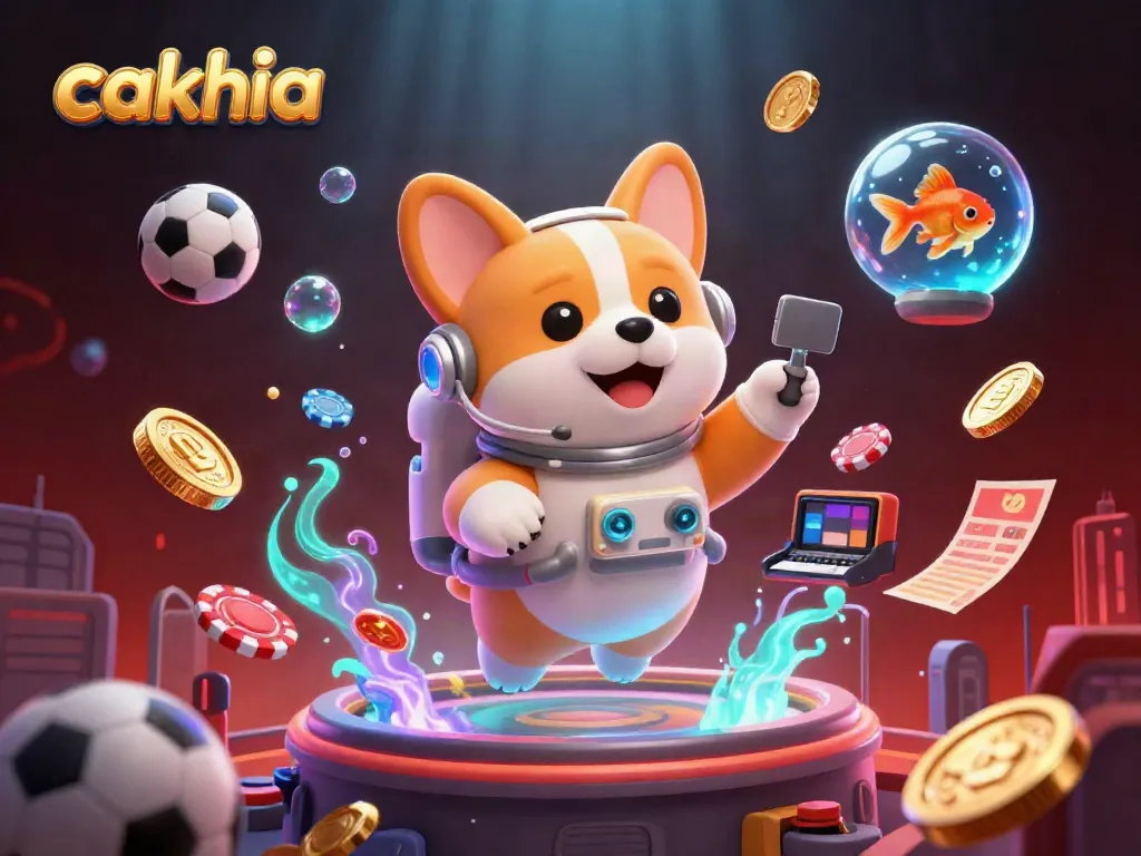 Experience cakhia's thrilling action with a vibrant space casino scene filled with sports elements and prizes.