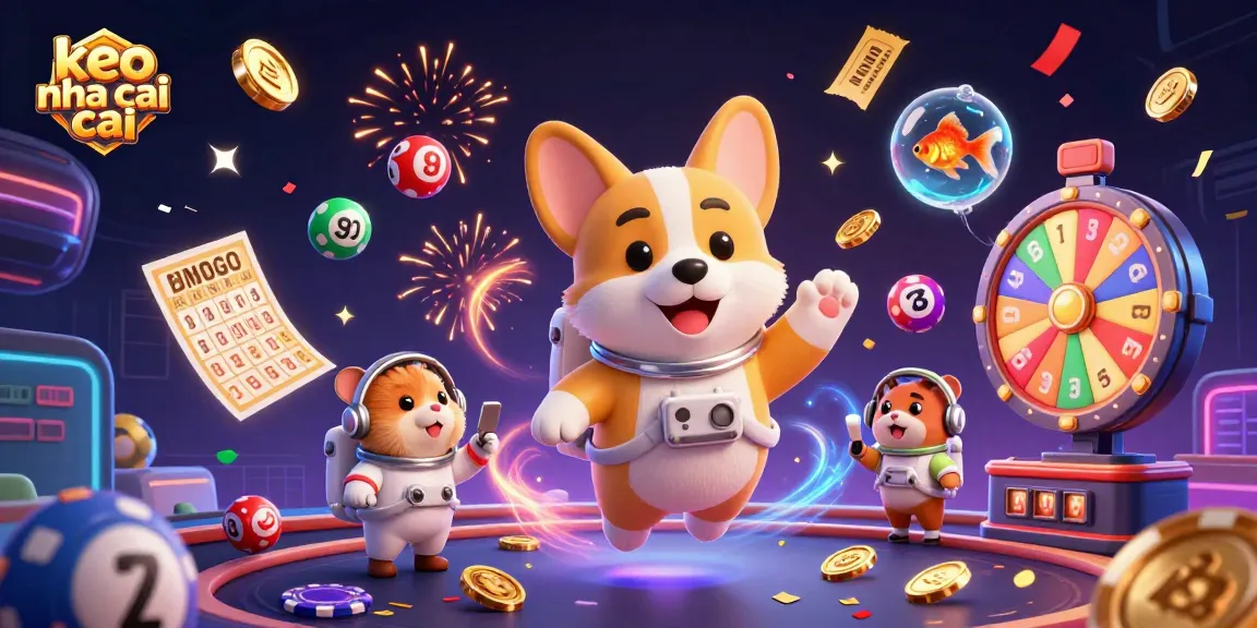 Experience exciting moments at keo nha cai with colourful lottery balls, casino elements, and lively characters.