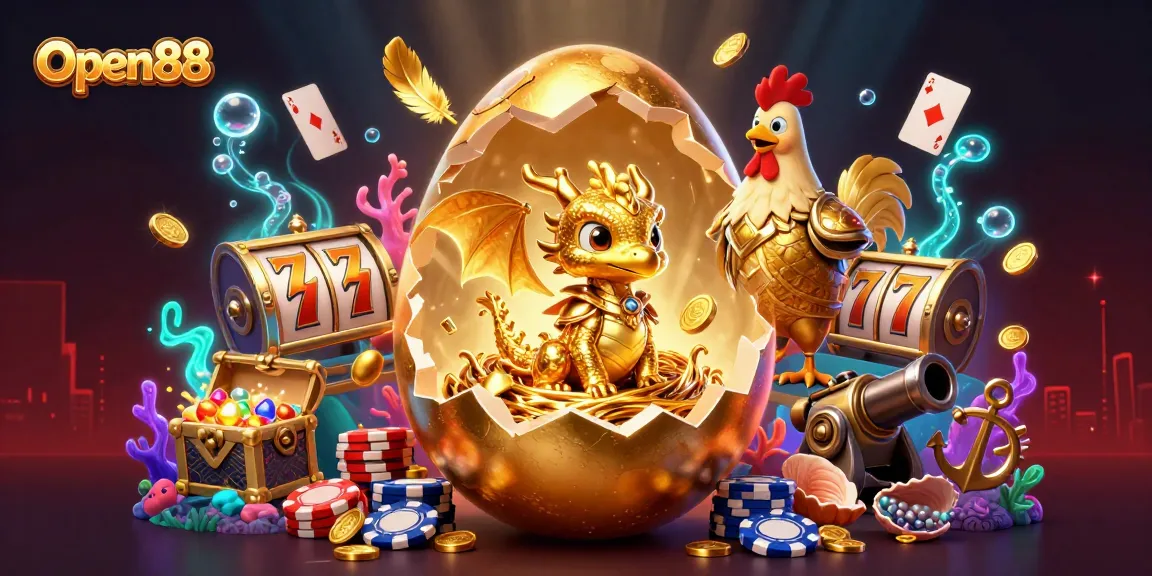 Open88 showcases a vibrant 3D digital casino scene with a golden dragon and poker chips.