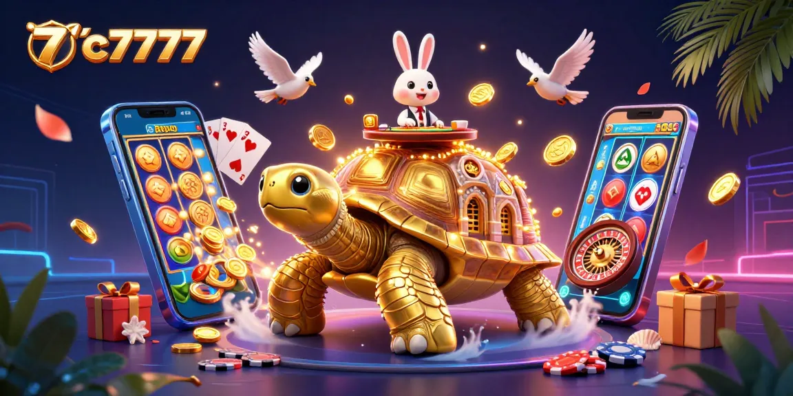 Engage with thrilling moments at 7c7777 casino, showcasing a lively scene with a tortoise casino and a rabbit dealer.