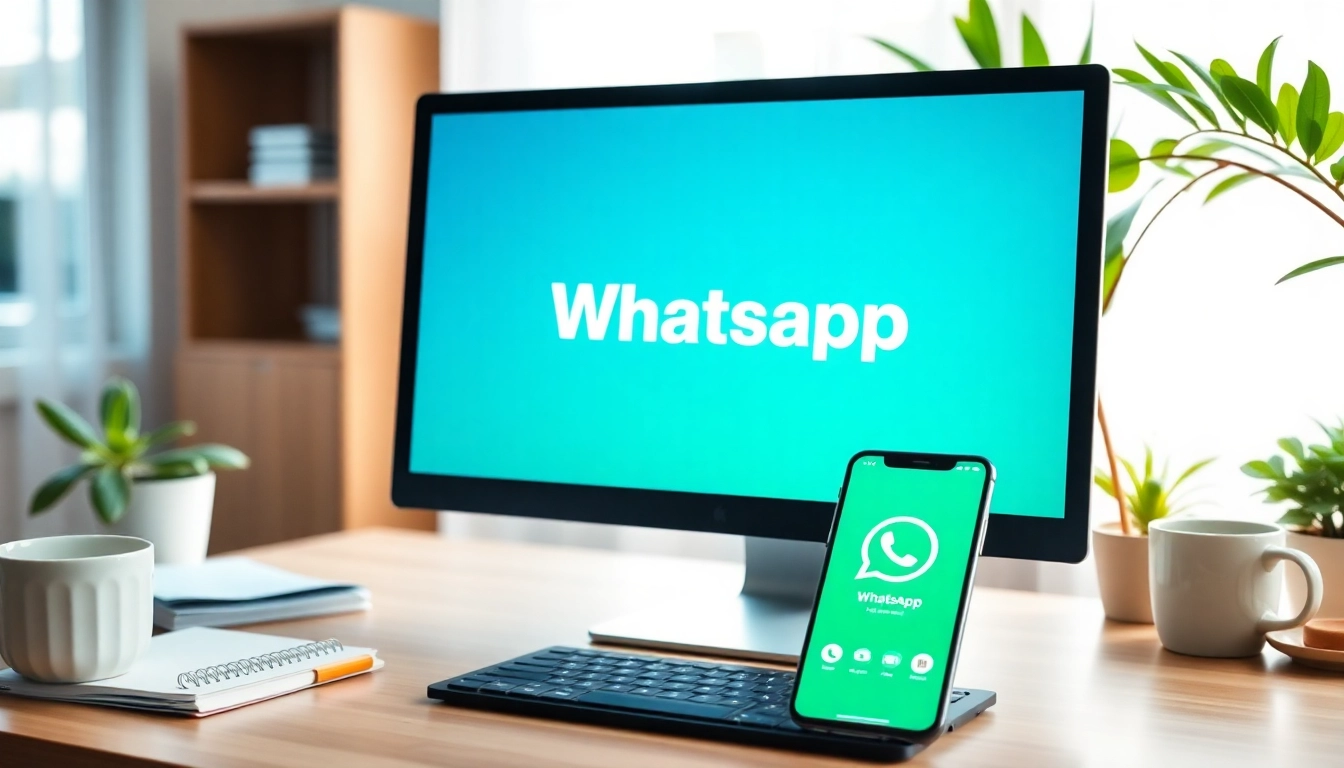 WhatsApp网页版 on a computer screen in a modern workspace, showcasing seamless connectivity and communication.