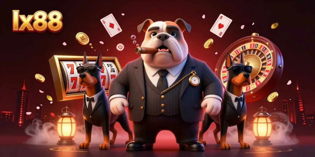 Engage with lx88's thrilling gaming atmosphere featuring a mafia boss bulldog and dynamic gambling elements.