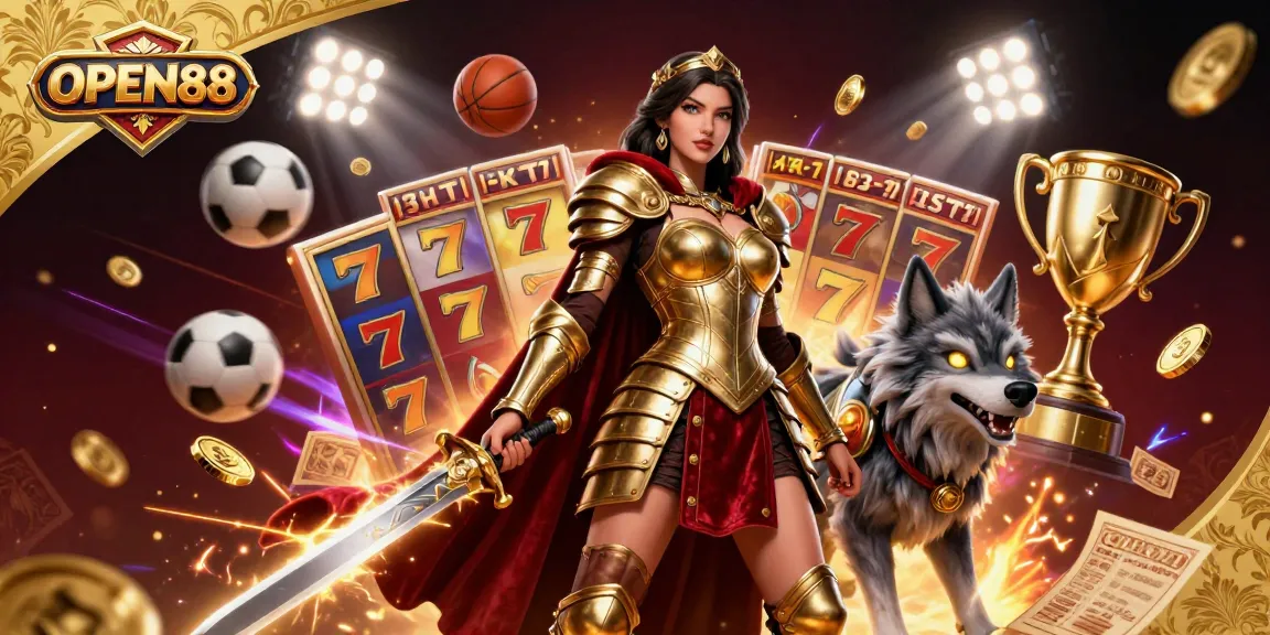 Experience thrilling gameplay at OPEN88 with a vibrant depiction of a warrior queen and gaming elements.