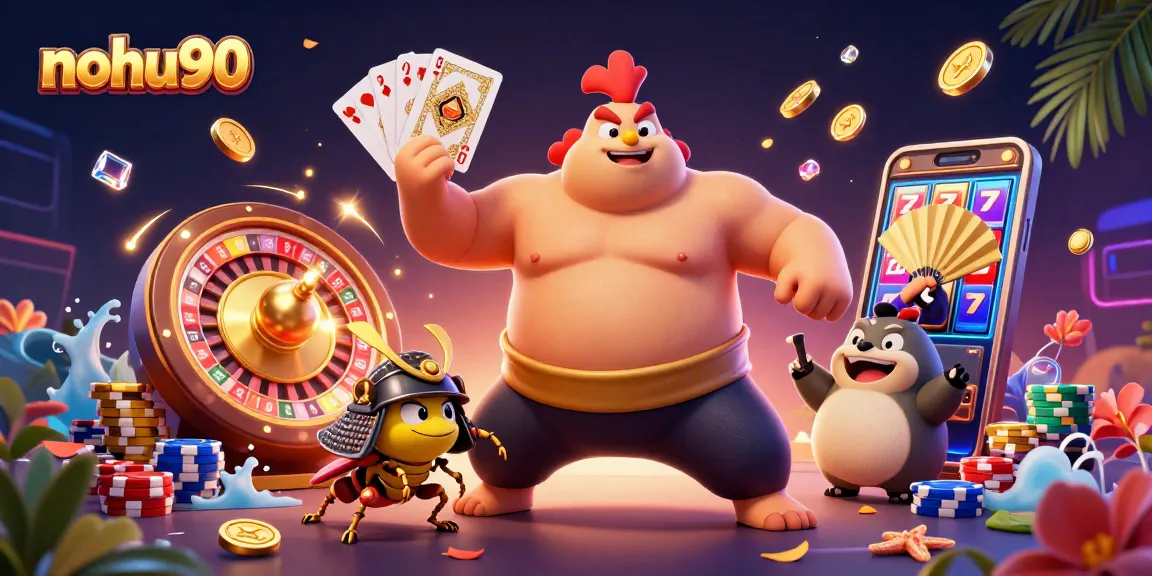 Nohu90 players experience epic wins with vibrant casino-themed characters and elements.