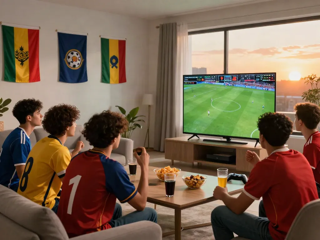 Friends enjoying a live football match on cakhiatv.team in a vibrant living room.