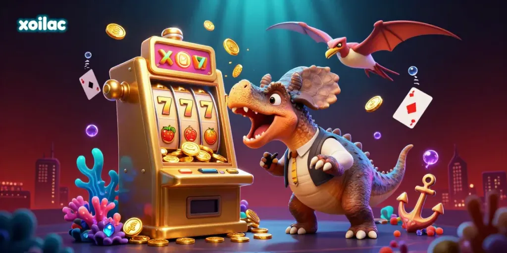 Xoilac brings fun to gaming by showcasing a dinosaur-themed jackpot scene bursting with coins and excitement.