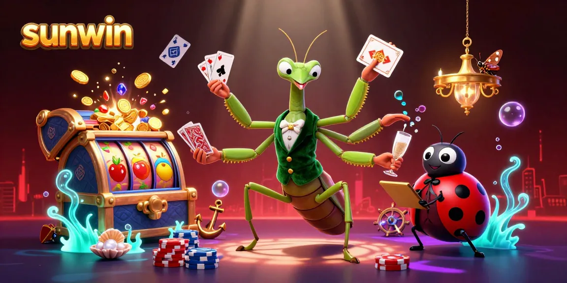 Experience thrill and wins at Sunwin with a vibrant 3D casino scene of cartoon characters and slot reels.