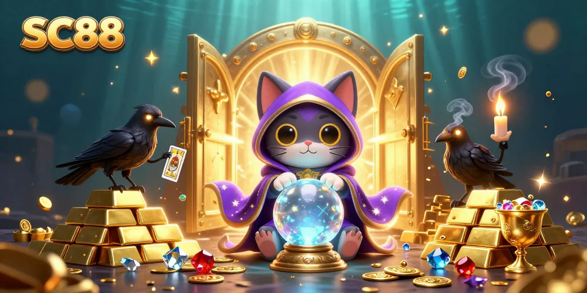 Engage with SC88’s vibrant casino magic featuring a fortune teller, raven, and more.