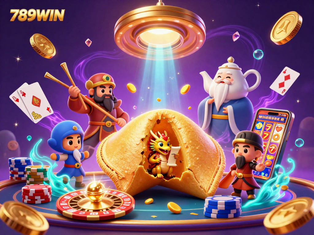 Engage in exciting gameplay with 789WIN's vibrant casino scene featuring gold coins, a dragon, and a fortune cookie.