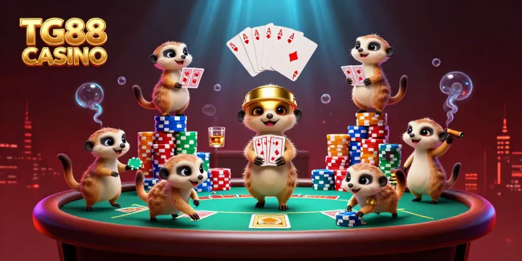 Engaging scene with TG88 CASINO meerkats operating an elaborate casino setup, showcasing playful action and vibrant gaming elements.