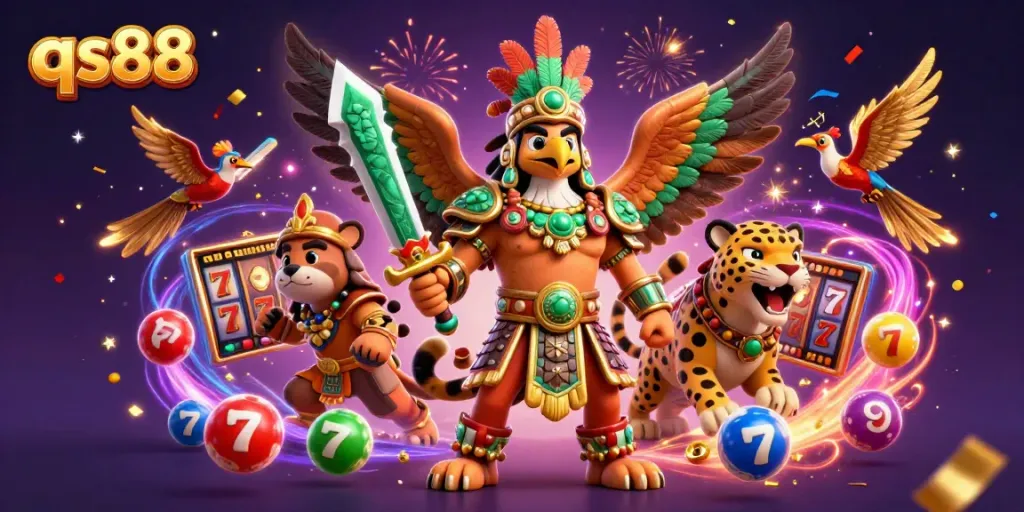 Engage with qs88 in a vibrant 3D casino world featuring dynamic slot reels, jackpot winnings, and colorful prize elements.