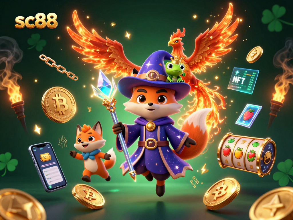 Experience the thrill of sc88 with a vibrant casino scene featuring a wizard fox and dynamic gaming elements.